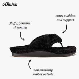 ▶️ Olukai ◀️ Kipe’a Heu Black Fuzzy Flip Flops Outdoor Slippers